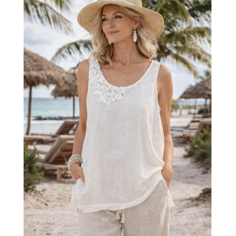 J Jill 100% Linen Tunic Top White Sleeveless size XL Lagenlook